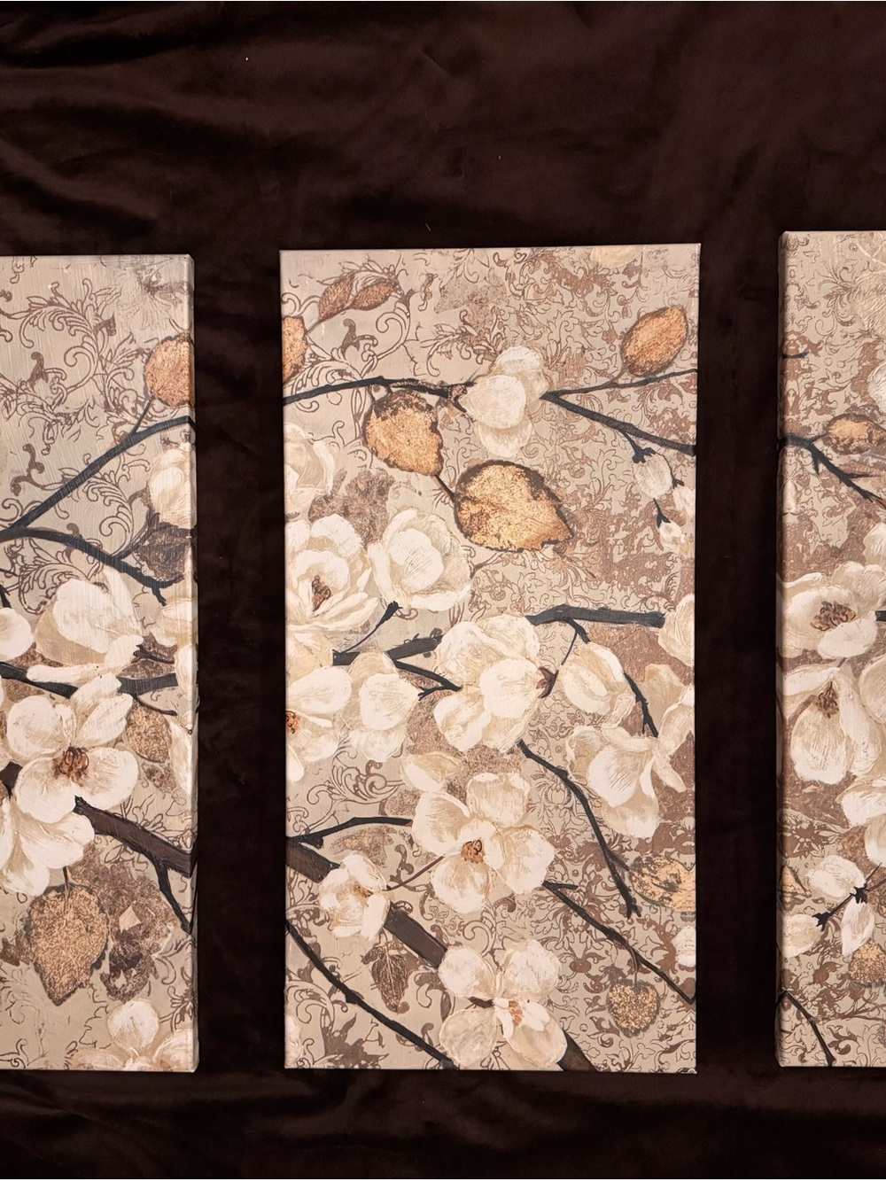 Cream and Gold Floral Triptych Wall Art
